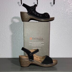 Black Leather Wedge Sandals with Adjustable Strap